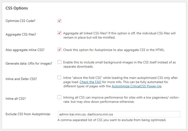 Optimasi kode CSS di Autoptimize